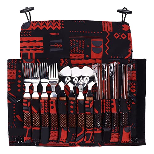 12 Pcs Camping Cutlery Set | 304 Stainless Steel & Wooden Handle Tableware | 4 Person Utensils Spoons Chopsticks Set for Picnic/Barbecue/Outdoor Dining | Includes Carry Bag