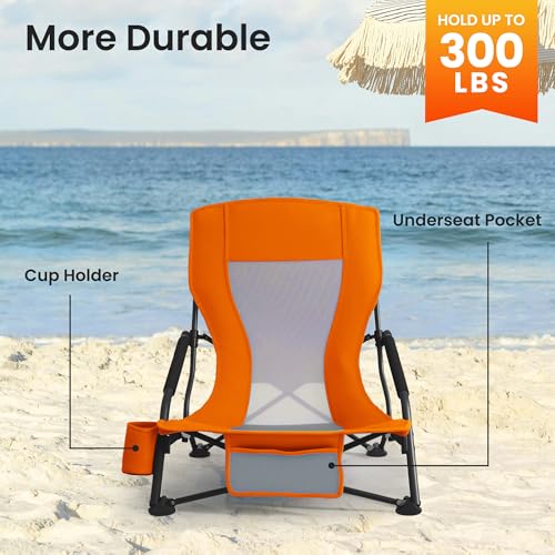 Portable Folding Beach Chair for Adults - Lightweight Low Back Sling Chair with Cup Holder & Storage Pocket, 300lbs Capacity Camping Chair for Outdoor, Lawn (Bright Orange, 4 pcs) - color: Bright Orange, size: 4 pcs