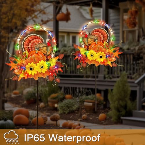 Solar Thanksgiving Turkey Outdoor Decor with Multi-Colorful Lights,Fall Yard Sign Garden Stake for Pathway,Patio or Farmhouse Porch - color: Turkey