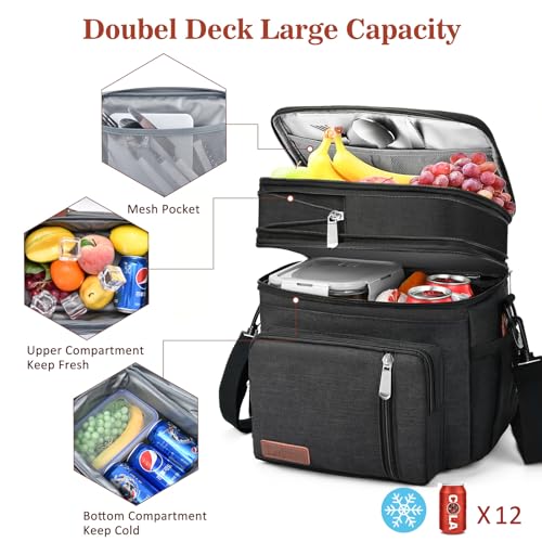 Lunch Box & Lunch Bag for Men Women, Large Insulated Adult Lunch Box Leakproof Lunchbox Cooler Bag for Work Picnic Beach,16L, Black - color: Midnight Black