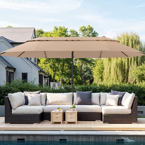 Sophia & William 15ft Extra Large Patio Umbrella with Base Included, 2-Tier Double-Sided Rectangle Outdoor Umbrella with Stand, Market Umbrella for Pool Garden Backyard, Beige - color: Beige 2-Tier