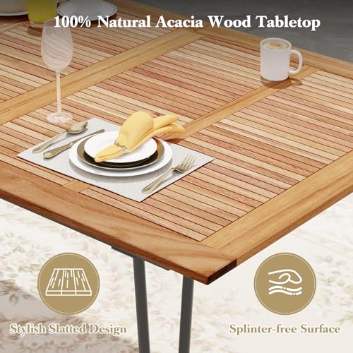 Tangkula 86.5" Large Patio Dining Table for 8, Acacia Wood 8-Person Dining Table with 2" Umbrella Hole & Metal Legs & Adjustable Foot Pads, Rectangular Outside Table for Garden, Poolside & Backyard - size: 86.5"