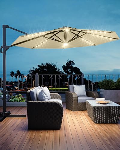 9ft Outdoor Patio Umbrella Heavy Duty 8 Ribs, Waterproof UV Protection Sun Shade with Crank Lift & Push Button Tilt, Outdoor Umbrella for Deck, Pool, Garden, Backyard, Lawn - color: Beige&Round-Lights, size: 10FT Roman