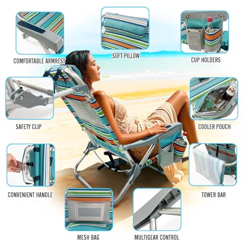 Backpack Beach Chair Aluminum with Folding Camping Table 5-Position Lay Flat Lounge Chair Outdoor for Adults with Insulated Cooler Bag and Cup Holder - color: Orange, size: 1 PACK