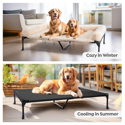 Veehoo Orthopedic Elevated Dog Bed with Fluffy Plush Bolster Cushion, Indoor Raised Dog Beds for Large Dogs, Soft Pet Sofa Cot with Removable Washable Mat, No-Slip Feet, 59 x 37 inches, Cream White - color: Cream White, size: 59.0"L x 37.0"W x 9.0"Th