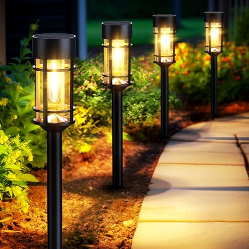 Mancra Solar Pathway Lights, 8 Pack LED Solar Lights Outdoor Waterproof, Glass Metal Garden Lighting for Yard Path Landscape Lawn Walkway Driveway, 3000K - color: Black
