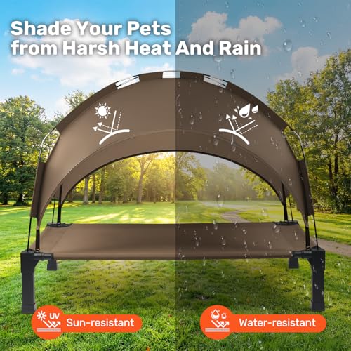 Heeyoo Elevated Dog Bed with Removable Canopy, Portable Dog Cot with Sun Protection Shade Tent, Raised Pet Cooling Cot Bed for Dogs, 42in - color: Brown, size: 42"L x 30"W x 8.4"H