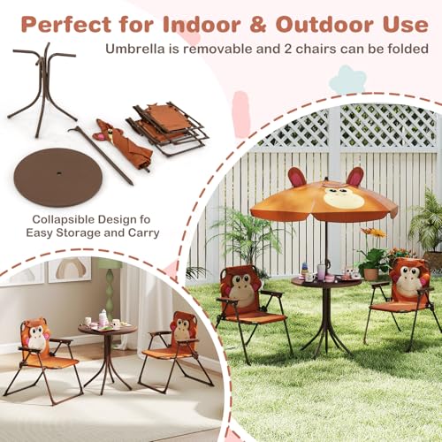 KOTEK Kids Picnic Table with Umbrella, Outdoor Table & 2 Folding Chairs, Cute Pattern Children’s Patio Furniture, Portable Kids Table and Chair Set for Backyard, Garden, Beach (Brown) - color: Brown Monkey