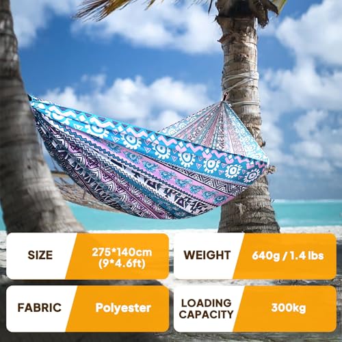 NATUREFUN Ultra-Light Travel Camping Hammock | 300kg Load Capacity,Breathable,Quick-Drying | 2 x Premium Carabiners,2 x Nylon Slings Included | Outdoor Indoor Garden - color: Ethnic, size: 275x140cm
