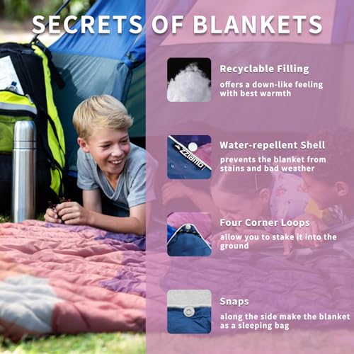zzlamb Camping Blanket for Cold Weather,Outdoor Puffy Blanket Portable Down Alternative,Windproof Warm Cloak with Snaps,Cozy Quilt Backpacking Picnic RV Travel Plane Car Hammock Beach Climbing - color: Sun Setting, size: 52x75in