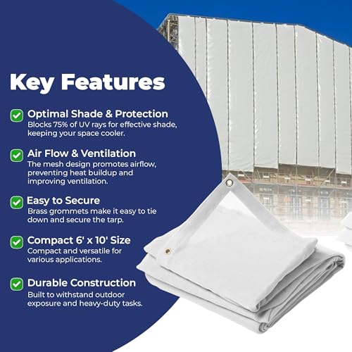 Tarps Now 6' x 10' White Heavy Duty Mesh Tarp with Brass Grommets - UV Resistant Reflective White 75% Sun Shade, Backyard, Patios, Breezeways, Gazebos, Kennels, Mesh for Flatbeds, Trucks or Trailers - size: 6' X 10'