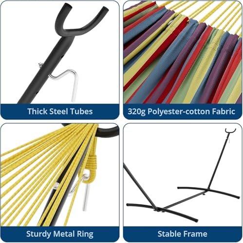 Portable Hammock with Stand - 450lbs Heavy Duty Camping Hammock, Adjustable Steel Frame, Poly-Cotton Fabric, Carry Bag Included, Yellow Rainbow Stripes