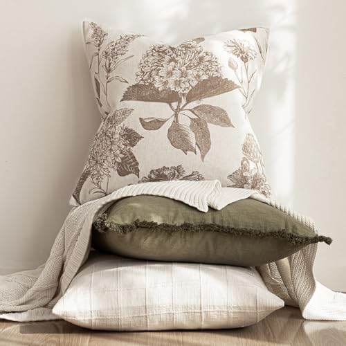 Foindtower Set of 2 Linen Floral Throw Pillow Covers Vintage Accent Print Decorative Cushion Covers Farmhouse Boho Home Decor for Sofa Chair Couch Bedroom Living Room,20×20 Inch,Light Brown - color: Light Brown, size: 20" x 20" (Pack of 2)