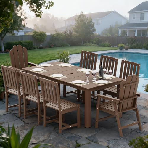 9-Piece Patio Dining Set, Outdoor Dining Set for 8, HDPE All-Weather Outdoor Furniture with 75.20” Umbrella Hole Table, 2 Armchairs & 6 Armless Chairs, Brown - color: Brown, size: 2 Armchairs & 6 Armless Chairs