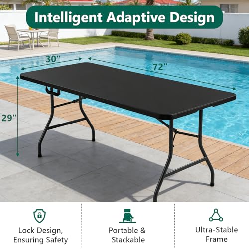 Folding Table 6FT Heavy Duty Plastic Table with Handle, Foldable&Portable, Fold-in-Half Utility Tables for Outdoor, Dining, Wedding, Events, Indoor, Picnic, Camping, Party, Black - color: Black, size: 6FT