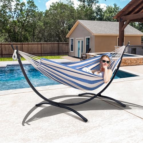 SUNCREAT Backyard Hammock with Frame, Hammock Frames for Outside, 475 lbs Capacity, Blue & White Stripes - color: Blue White