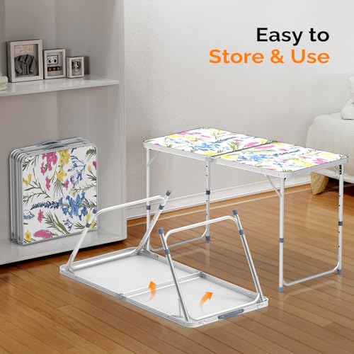 VINGLI 4FT White Folding Table with Carrying Handle Height Adjustable Lightweight Fold Up Portable for Indoor Outdoor Picnic,Camping,Hiking,Fishing,BBQ … - color: Flower, size: 4ft
