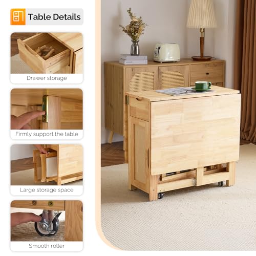 VINGLI 5-Piece Folding Dining Table Set, Extendable Drop Leaf Solid Wood Table with 4 Chairs, Drawers & Wheels, Space-Saving Design for Kitchen, Natural - color: Natural
