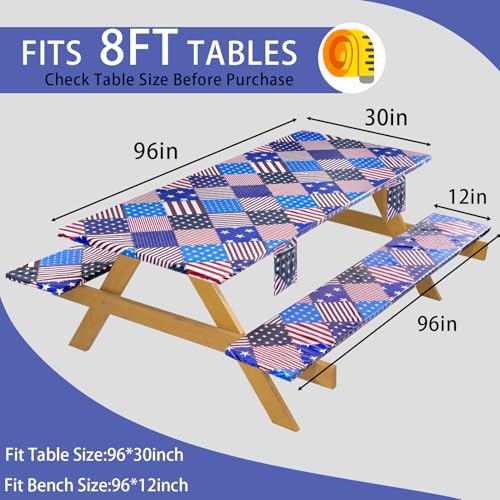 Fitted Waterproof Picnic Table Cover with Bench Covers Elastic 96×30Inch Weather Proof Non Slip Camping Table Clothes for 8Feet Rectangle Tables Campers Summer Fall Travel Hiking Tools Gifts - color: Patchwork American Flag, size: 96" x 30" (Rectangular)