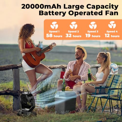 Camping Fan - 20000mAh Battery Powered Fan Rechargeable with LED Lantern - Portable Outdoor Tent Fans with Hanging Hook 4 Speeds Wind Remote Control, Black - color: Black