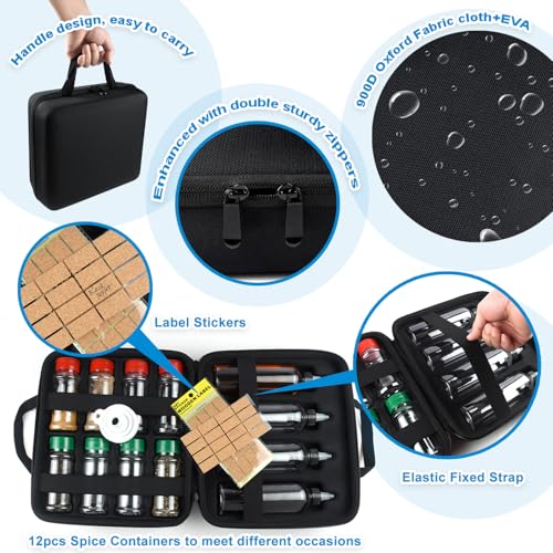 Camping Portable Spice Set with 12 Spice Containers Storage Bottle Pepper & Salt Spice Shakers, Separable Storage Bag for Outdoor Travel Camping BBQ Picnic Seasoning Kit Carrying Case