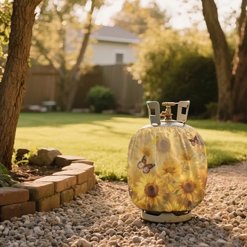 Sunflower Butterfly Propane Tank Cover Fits Standard 20 lb Tank Cylinde Travel Trailer Propane Covers with Elastic Slip in Gas Cover Water & Wear-Resistant for Outdoor and Indoor Use - color: Sunflower Butterfly