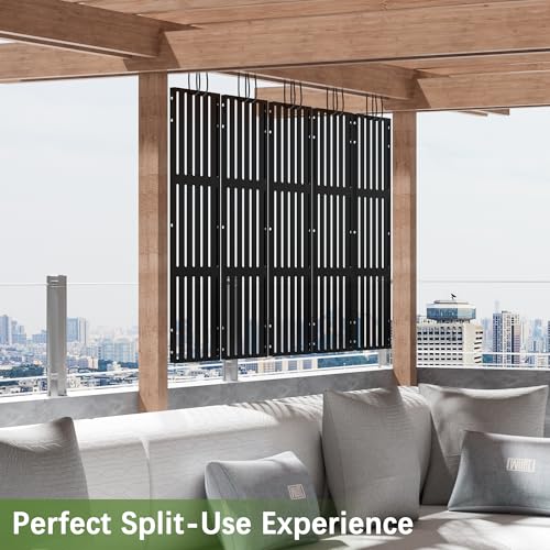 Cofar Metal Privacy Screen Outdoor 72" H×44" W -Black Freestanding Outdoor Privacy Panels with Stand, Decorative Fence for Patio, Deck, Balcony（Slatted） - style: 5-Panels Slatted_Black