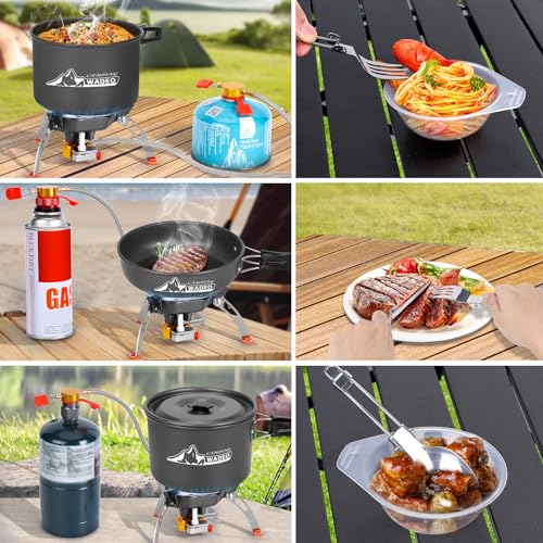 WADEO Camping Cookware Mess Kit with 7200W Camping Stove, 14PCS Non-Stick Camping Pot Pan Set with Stainless Steel Fork Knive Spoon for Camping Backpacking Hiking Outdoor Cooking and Picnic