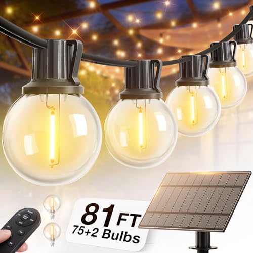 addlon 81FT(75+6) Solar String Lights Outdoor with 1FT Bulb Spacing, 75+2 Commercial G40 LED Bulbs, Solar & USB Charging, Remote, Timable, Dimmable Waterproof Patio Lights for Balcony, Porch, Yard - size: 75+6FT(75 Sockets)