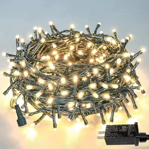 33 FT 100 LED Christmas String Lights Indoor Outdoor, Memory Function & Timer & 8 Modes, UL Certified, Linkable Green Wire Waterproof Twinkle Light for Christmas Tree Party Garden Decor (Warm White) - color: Warm White, size: 100LED