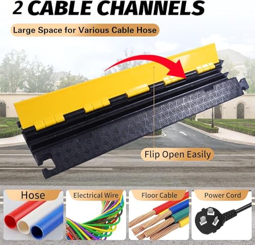 4 Packs Heavy Duty Cable Protector Ramp, 2 Channel 35200lbs Capacity Rubber Cable Ramps, Hose Ramp for Driveway, Traffic Speed Bump for Outdoor - size: 2 Channels-4PC