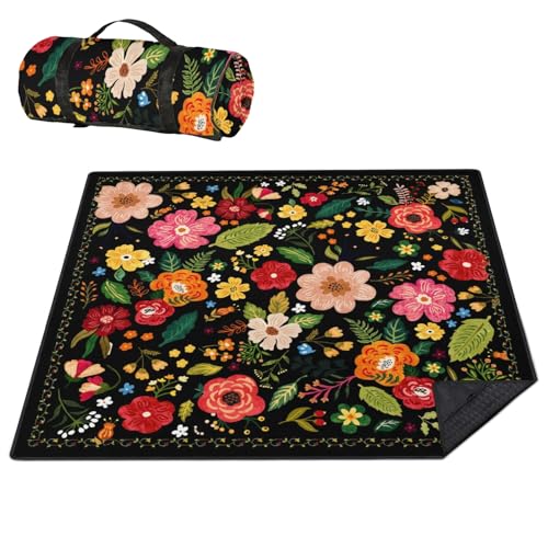 Picnic Blankets Waterproof Foldable Extra Large,80"x 80" Outdoor Beach Blanket Sandproof,3-Layer Lightweight Handy Mat Tote Picnic Camping Rugs for Outside Your Rv (Boho Vintage Floral Black) - color: Picnic Blankets 12