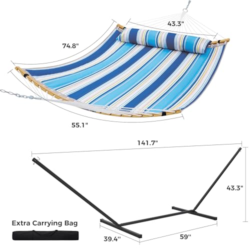 SUPERJARE Curved-Bar Hammock with Stand, 2 Person Heavy Duty Hammock Frame, Detachable Pillow & Portable Carrying Bag, Perfect for Outdoor & Indoor, Holiday Voyage Stripe - color: Holiday Voyage Stripe