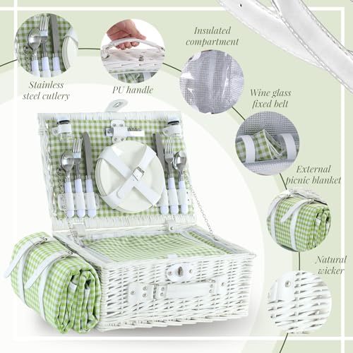 Picnic Basket Set for 4 with Waterproof Blanket Mat Insulation Bag Wicker White Green Plaid Classic Fresh Gift for Christmas Thanksgiving Wedding Birthday Camp Outdoor Beach Travel - color: Green Plaid