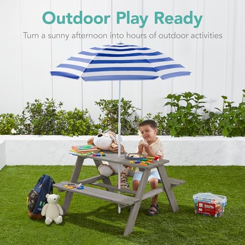 Best Choice Products Wooden Kids Picnic Table with Umbrella, Outdoor Activity Table Set with Built-in Benches, 220 lb Capacity per Bench - Gray/Navy - color: Gray/Navy