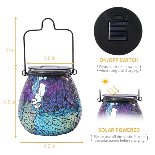 Afirst Mosaic Solar Lanterns Outdoor - Glass Hanging Solar Lights Hollow Out Waterproof Table Lamp Outdoor Decorative for Garden, Patio, Holiday Party Outdoor Decoration - style: ice-purple