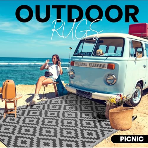 Outdoor Rugs, Outdoor Plastic Straw Rug, Reversible Waterproof Carpet for Camping, Poolside, Garden, BBQ Area, Gazebo Flooring, RV Park & Beach, Square Pattern, Black & Light Gray, 5'x8' - color: Square Frames - Black & Light Gray, size: 5' x 8'