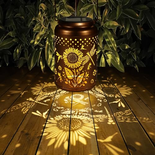 Solar Lanterns Outdoor Waterproof Hummingbird Garden Decor Christmas Gifts for Women Mom Grandma Hanging Lights Metal Decoration Outside for Yard, Patio,Backyard,Porch(Dragonfly and Sunflower) - style: Dragonfly and Sunflower