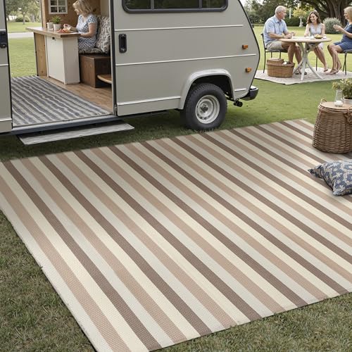 PureCozy Outdoor Waterproof Patio Rug 5x8 Plastic Straw Reversible Outside Beige Striped Carpet Lightweight Large Rug for Camping RV Porch Deck Balcony Beach - color: Stripe | Beige Brown, size: 5' x 8' (Rectangular)