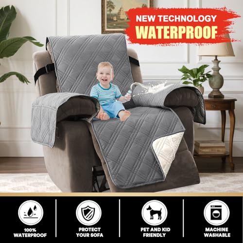 PrinceDeco Recliner Cover 100% Waterproof Couch Cover Sofa Cover for Living Room Water Resistant Furniture Protector with Elastic Straps for Pets Dog(Recliner28,Grey) - color: Grey, size: Recliner