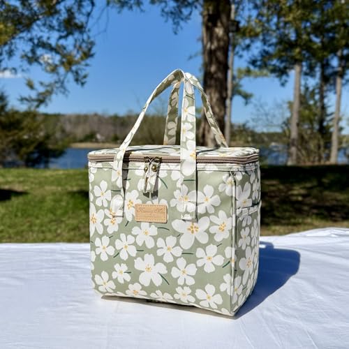 Kwang Min Floral Insulated Lunch Bag for Women,Reusable Lunch Box,Large Cooler for Office,Picnic Outdoors,Premium Quality Waterproof Fabric,Ideal Gift for Outdoors and work (Green Cosmo) - color: Green Cosmo