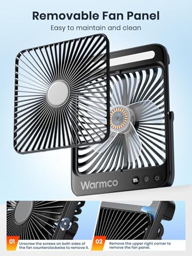Warmco 20000mAh Battery Powered Fan, Ultra-Slim 8-Inch Portable Camping Fan with LED Lantern, Up to 48H Runtime Rechargeable Desk Fan for Bedroom, Outdoor, Tent, Travel, Cruise Ship Essentials - color: Black