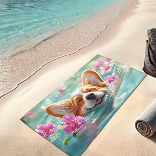 Cute Corgi Mermaid Beach Towel Coral Cute Dog Swimming Towel, Quick Dry Soft Absorbent Sand Free Oversized Lightweight Lounge Blanket, Vacation Picnic Pool Gym Outdoor Essentials 62x31 Inch - size: 31x62 Inch