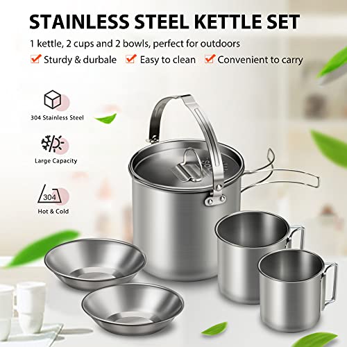 Lixada 5PCS Camping Cookware Set Stainless Steel 1.2L Camping Pot with 2 Cups & 2 Bowls, Lightweight Portable Backpacking Pot with Foldable Handles & Lid for Outdoor Cooking Hiking Picnic