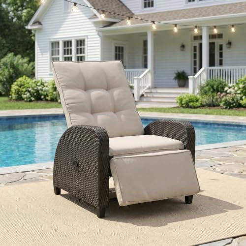 Green4ever Outdoor Patio Recliner with Adjustable Backrest and Footrest, All-Weather Wicker Patio Chair, 160° Lay Flat Patio Reclining Lounge Chair for Garden Backyard, Beige - color: Beige, size: 1 Piece
