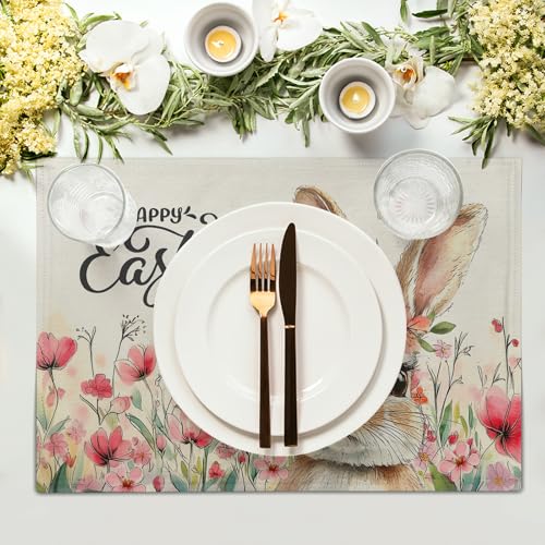 Happy Easter Placemats Set of 4, 12x18 Inch Spring Pink Flowers Bunny Place Mat Heat Resistant Washable Durable Rectangle Dining Table Mats Farmhouse Kitchen Holiday Party Decor - color: Easter Bunny