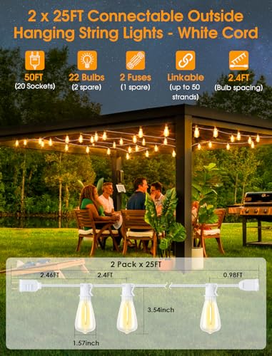 Larkvue 50FT(2x25FT) Outdoor String Lights, Patio Lights with 20+2 LED Dimmable Waterproof ST38 Vintage Bulbs for Wedding Garden Party Decor, White - color: White, size: 50FT