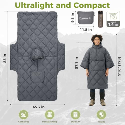 ATEPA Wearable Sleeping Bag, Recycled Water-Resistant Camping Blanket Poncho, Ultralight Packable Stadium Blanket for Outdoor - color: Grey