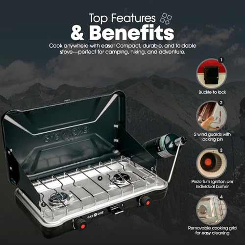 GasOne Portable Camping Stove – Double Propane Stove with Auto Twist Turn Ignition – 22,000 BTU Camping Cooktop with 2 Burners and Wind Guard – Ideal for Tailgating, Fishing, Travel - color: Midnight Blue