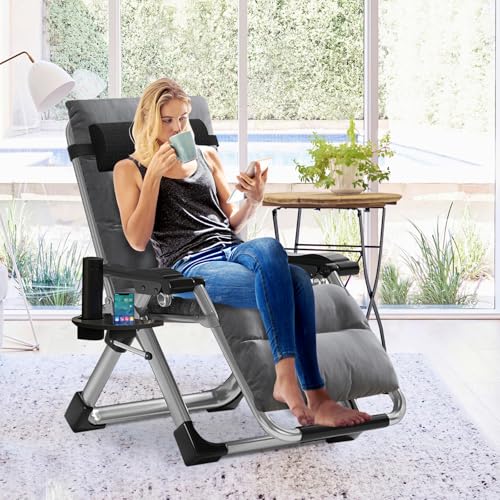 Slsy Zero Gravity Chair, Reclining Lounge Chair with Removable Cushion & Tray for Indoor and Outdoor, Patio Recliner Folding Reclining Chair - color: Linen Gray, style: Zero Gravity Chair
